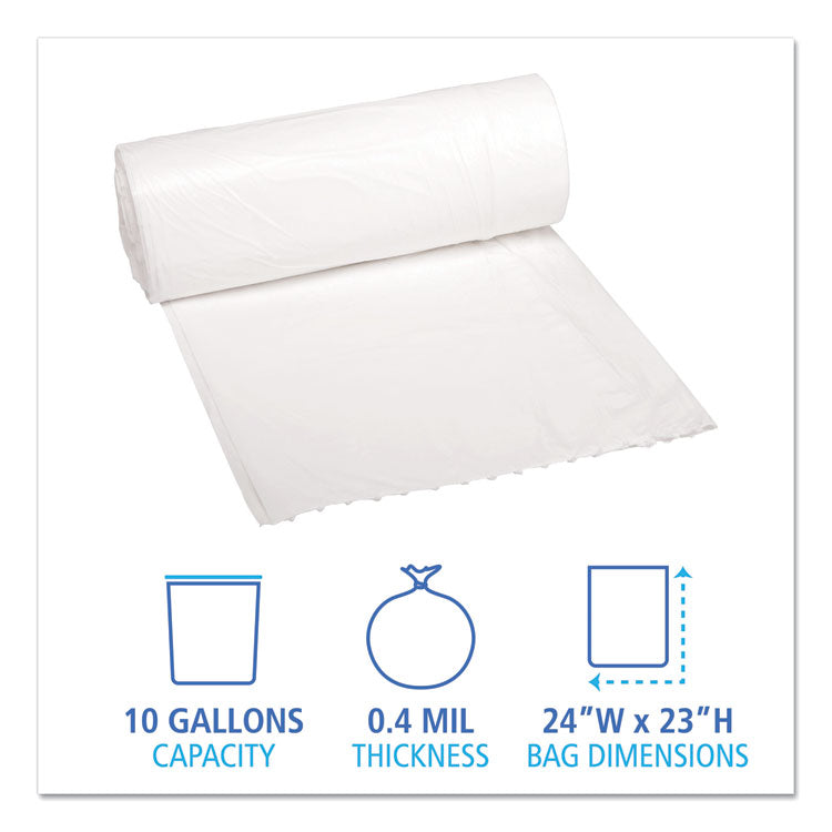 Low-Density Waste Can Liners, 10 gal, 0.4 mil, 24  x 23 , White, Perforated Roll, 25 Bags/Roll, 20 Rolls/Carton