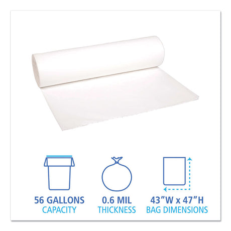 Low-Density Waste Can Liners, 56 gal, 0.6 mil, 43  x 47 , White, Perforated Roll, 25 Bags/Roll, 4 Rolls/Carton