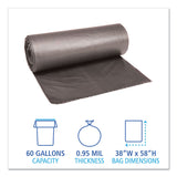 Low-Density Waste Can Liners, 60 gal, 0.95 mil, 38  x 58 , Gray, Perforated Roll, 25 Bags/Roll, 4 Rolls/Carton