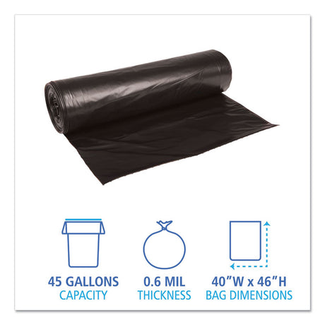 Low-Density Waste Can Liners, 45 gal, 0.6 mil, 40  x 46 , Black, Perforated Roll, 25 Bags/Roll, 4 Rolls/Carton