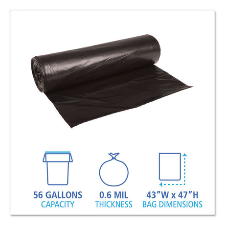 Low-Density Waste Can Liners, 56 gal, 0.6 mil, 43  x 47 , Black, Perforated Roll, 25 Bags/Roll, 4 Rolls/Carton