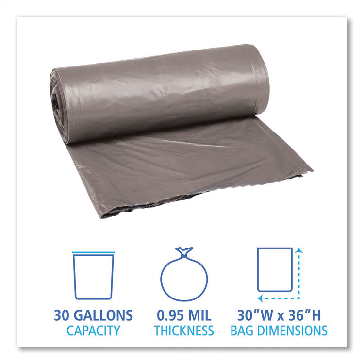 Low-Density Waste Can Liners, 30 gal, 0.95 mil, 30  x 36 , Gray, Perforated Roll, 25 Bags/Roll, 4 Rolls/Carton