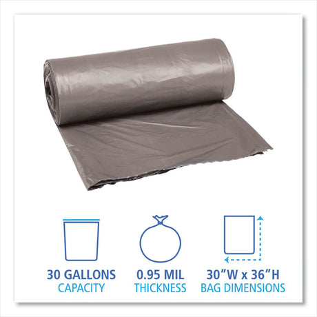 Low-Density Waste Can Liners, 30 gal, 0.95 mil, 30  x 36 , Gray, Perforated Roll, 25 Bags/Roll, 4 Rolls/Carton