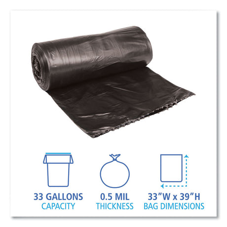 Low-Density Waste Can Liners, 33 gal, 0.5 mil, 33  x 39 , Black, Perforated Roll, 25 Bags/Roll, 8 Rolls/Carton