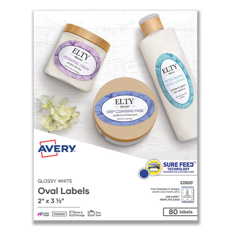 Oval Labels w/ Sure Feed and Easy Peel, 2 x 3.33, Glossy White, 80/Pack