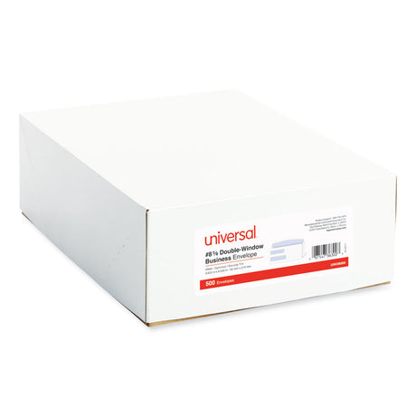 Double Window Business Envelope, #8 5/8, Commercial Flap, Gummed Closure, 3.63 x 8.63, White, 500/Box