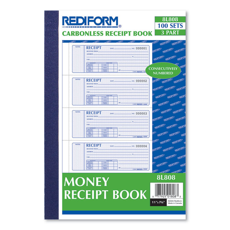 Money Receipt Book, Softcover, Three-Part Carbonless, 7 x 2.75, 4 Forms/Sheet, 100 Forms Total Money Receipt Book, Softcover, Three-Part Carbonless, 7 x 2.75, 4 Forms/Sheet, 100 Forms Total