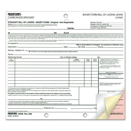 Speediset Bill of Lading, Short Form, Three-Part Carbonless, 7 x 8.5, 50 Forms Total
