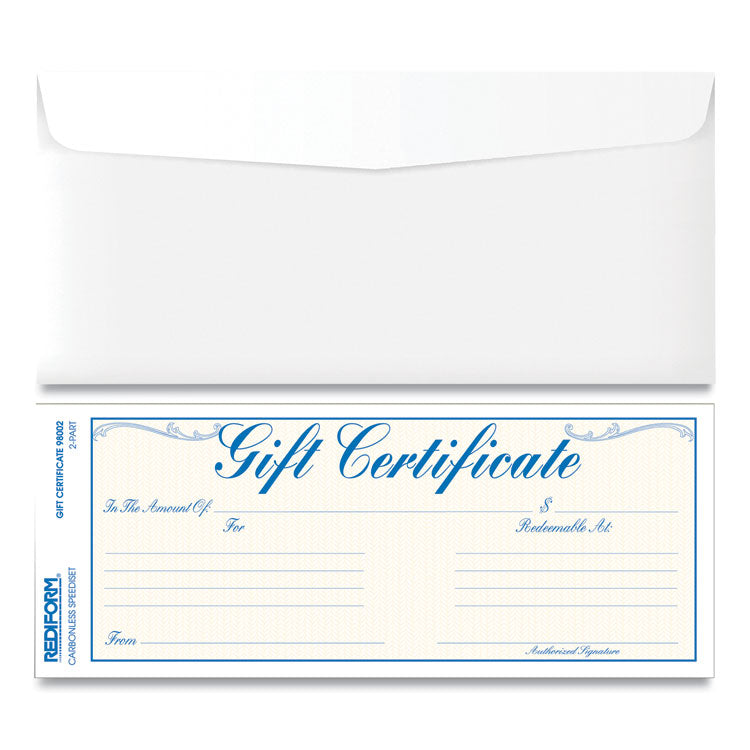 Gift Certificates with Envelopes, 8.5 x 3.67, Blue/Gold with Blue Border, 25/Pack