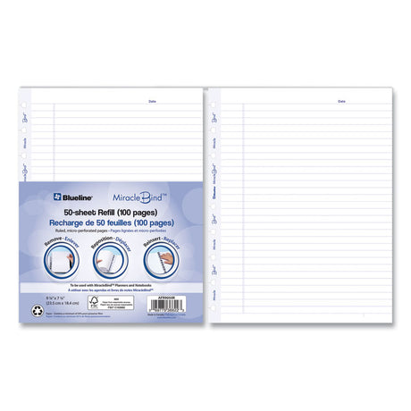 MiracleBind Ruled Paper Refill Sheets for all MiracleBind Notebooks and Planners, 9.25 x 7.25, White/Blue Sheets, Undated