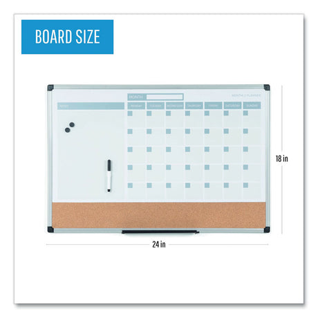3-in-1 Planner Board, 24 x 18, Tan/White/Blue Surface, Silver Aluminum Frame