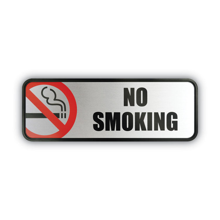 Brush Metal Office Sign, No Smoking, 9 x 3, Silver/Red