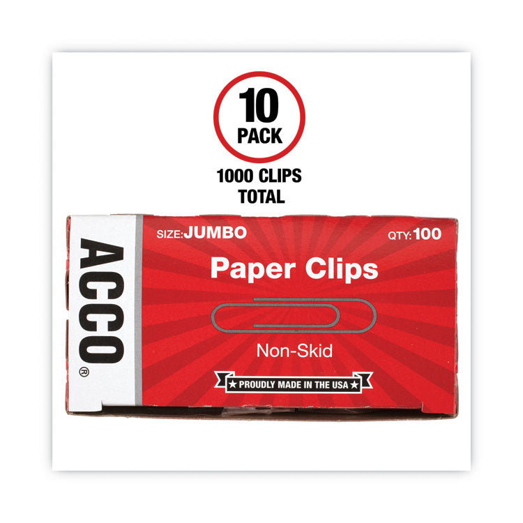 Paper Clips, Jumbo, Nonskid, Silver, 100 Clips/Box, 10 Boxes/Pack