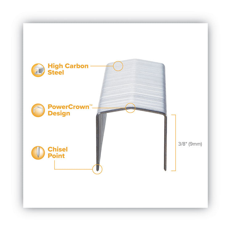 B8 PowerCrown Premium Staples, 0.38" Leg, 0.5" Crown, Steel, 5,000/Box