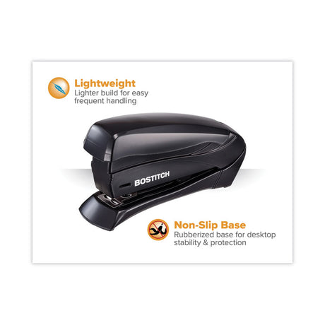 Inspire Spring-Powered Half-Strip Compact Stapler, 15-Sheet Capacity, Black