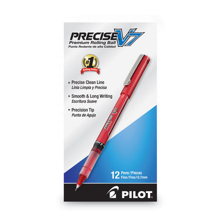 Precise V7 Roller Ball Pen, Stick, Fine 0.7 mm, Red Ink, Red/Clear Barrel, Dozen