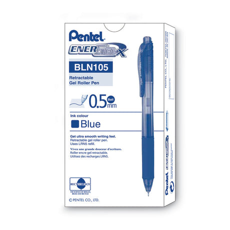 EnerGel-X Gel Pen, Retractable, Fine 0.5 mm Needle Tip, Blue Ink, Translucent Blue/Blue Barrel, Dozen