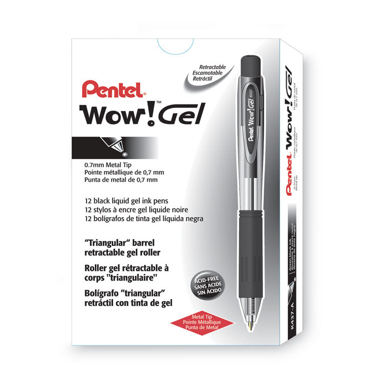 WOW! Gel Pen, Retractable, Medium 0.7 mm, Black Ink, Clear/Black Barrel, Dozen