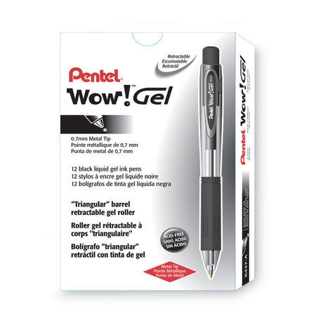 WOW! Gel Pen, Retractable, Medium 0.7 mm, Black Ink, Clear/Black Barrel, Dozen