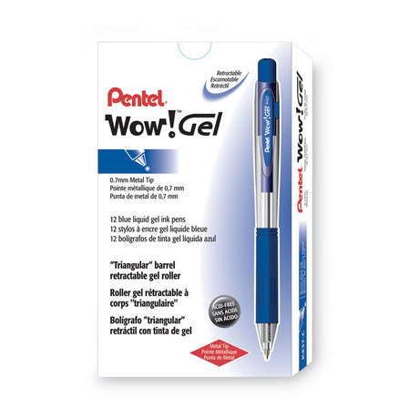 WOW! Gel Pen, Retractable, Medium 0.7 mm, Blue Ink, Clear/Blue Barrel, Dozen