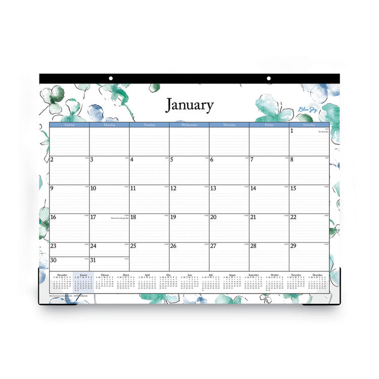 Lindley Desk Pad, Floral Artwork, 22 x 17, White/Blue/Green Sheets, Black Binding, Clear Corners, 12-Month (Jan to Dec): 2025