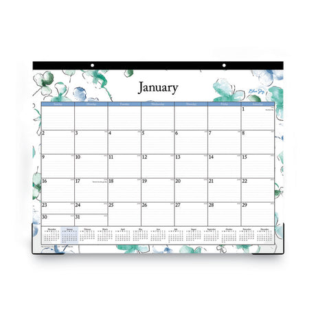 Lindley Desk Pad, Floral Artwork, 22 x 17, White/Blue/Green Sheets, Black Binding, Clear Corners, 12-Month (Jan to Dec): 2025