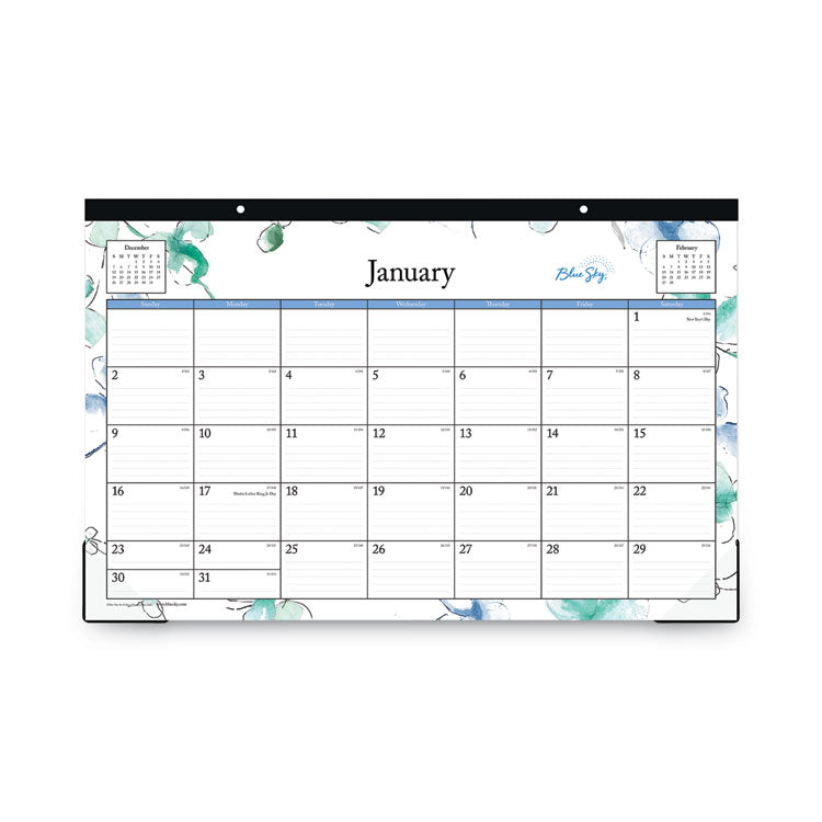 Lindley Desk Pad, Floral Artwork, 17 x 11, White/Blue/Green Sheets, Black Binding, Clear Corners, 12-Month (Jan to Dec): 2025