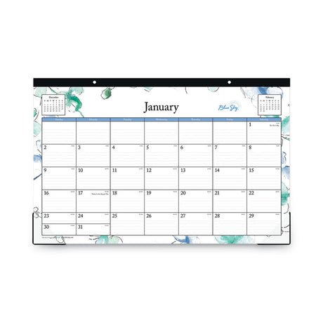 Lindley Desk Pad, Floral Artwork, 17 x 11, White/Blue/Green Sheets, Black Binding, Clear Corners, 12-Month (Jan to Dec): 2025