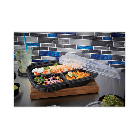 EarthChoice Entree2Go Takeout Container, 3-Compartment, 48 oz, 11.75 x 8.75 x 2.13, Black, Plastic, 200/Carton