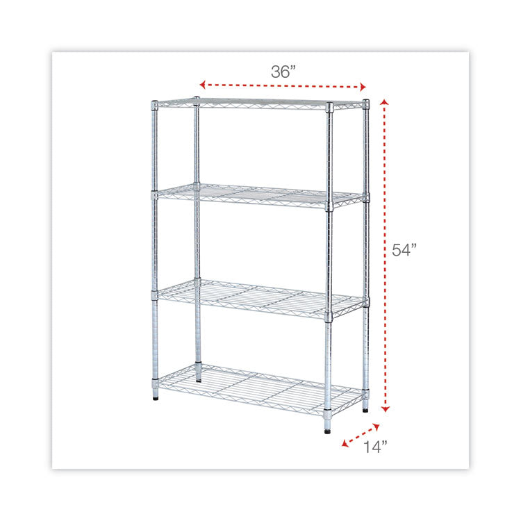 Residential Wire Shelving, Four-Shelf, 36w x 14d x 54h, Silver