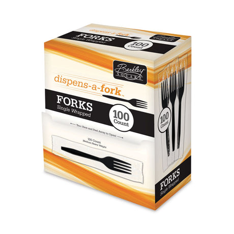 Dispens-a-Fork, Individually Wrapped, Mediumweight, Plastic, Black, 100/Box