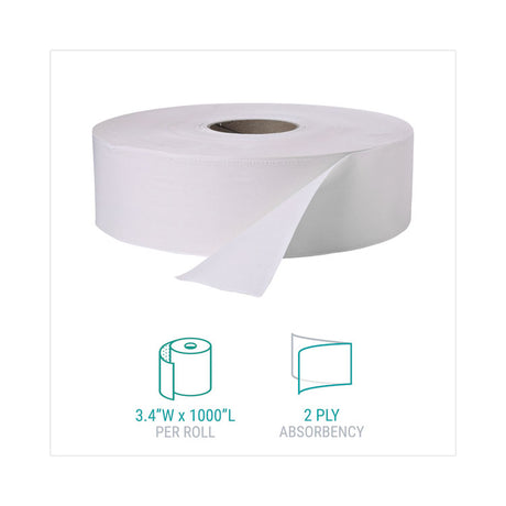 Jumbo Roll Bath Tissue, Septic Safe, 2 Ply, White, 3.4" x 1,000 ft, 12 Rolls/Carton