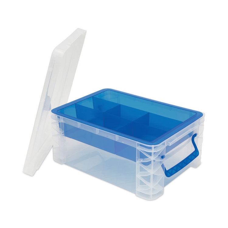 Super Stacker Divided Storage Box, 6 Sections, 10.38" x 14.25" x 6.5", Clear/Blue