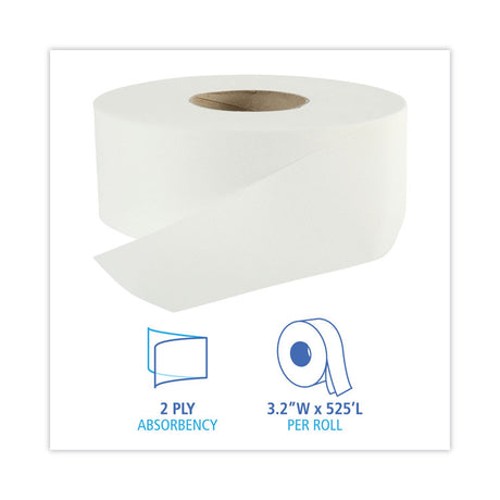 Jumbo Roll Bathroom Tissue, Septic Safe, 2-Ply, White, 3.2" x 525 ft, 12 Rolls/Carton