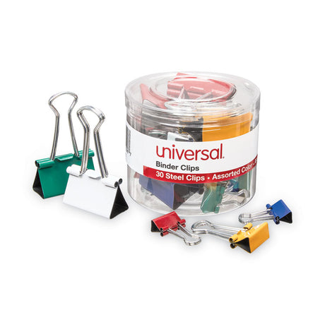 Binder Clips with Storage Tub, (12) Mini (0.5"), (12) Small (0.75"), (6) Medium (1.25"), Assorted Colors