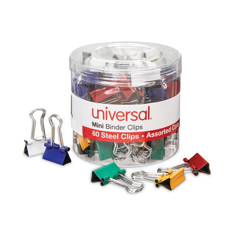 Binder Clips with Storage Tub, Mini, Assorted Colors, 60/Pack