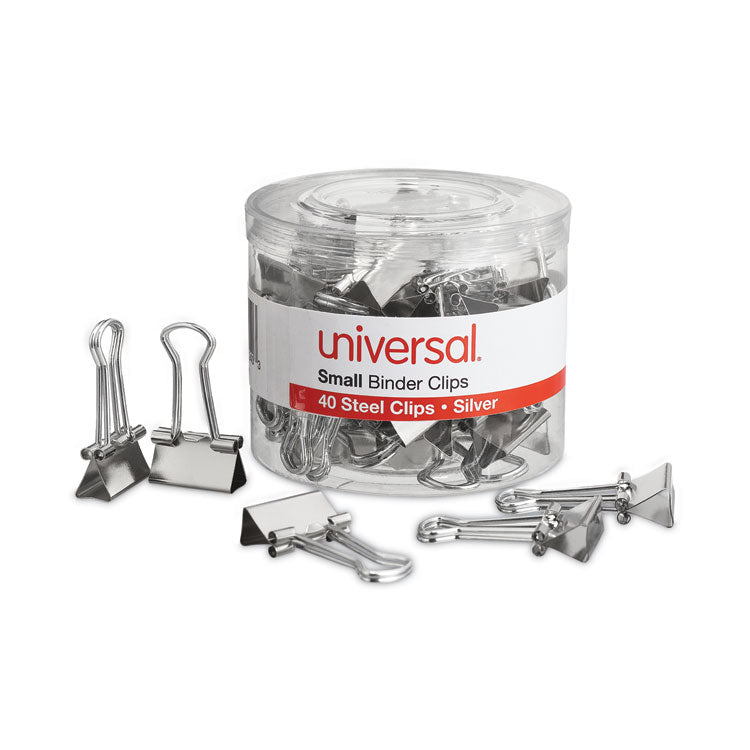 Binder Clips with Storage Tub, Small, Silver, 40/Pack