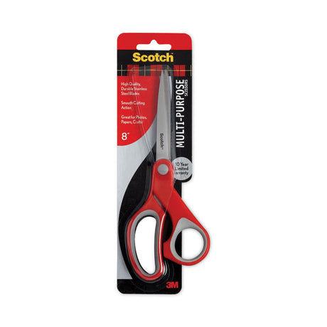 Multi-Purpose Scissors, 8" Long, 3.38" Cut Length, Gray/Red Straight Handle