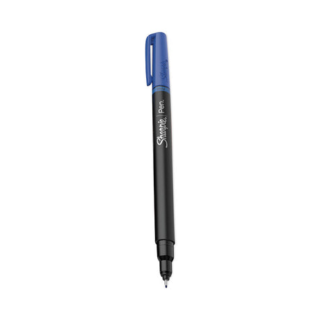 Water-Resistant Ink Porous Point Pen, Stick, Fine 0.4 mm, Blue Ink, Black/Blue Barrel, Dozen