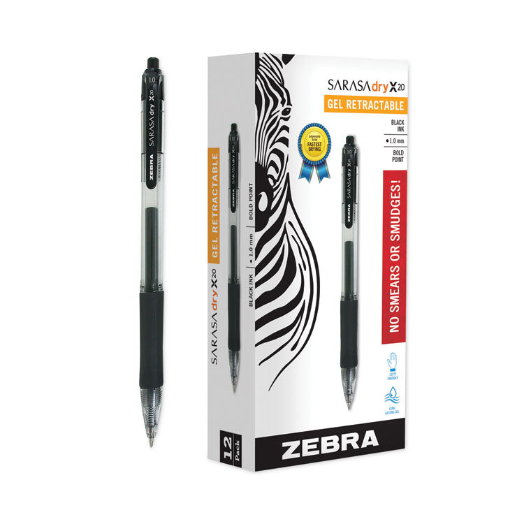 Sarasa Dry Gel X20 Gel Pen, Retractable, Bold 1 mm, Black Ink, Clear/Black Barrel, 12/Pack