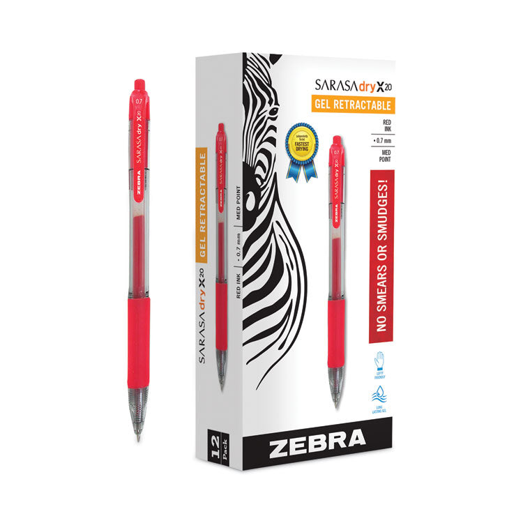 Sarasa Dry Gel X20 Gel Pen, Retractable, Medium 0.7 mm, Red Ink, Clear/Red Barrel, 12/Pack