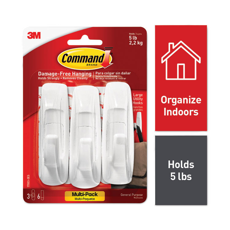 General Purpose Hooks Multi-Pack, Large, Plastic, White, 5 lb Capacity, 3 Hooks and 6 Strips/Pack
