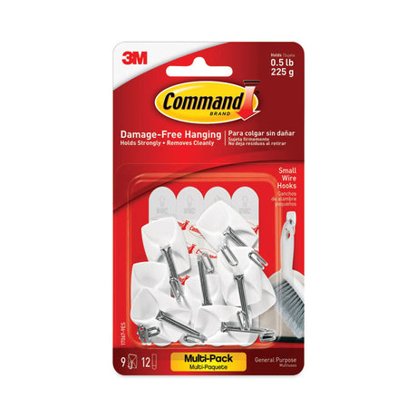 General Purpose Wire Hooks Multi-Pack, Small, Metal, White, 0.5 lb Capacity, 9 Hooks and 12 Strips/Pack