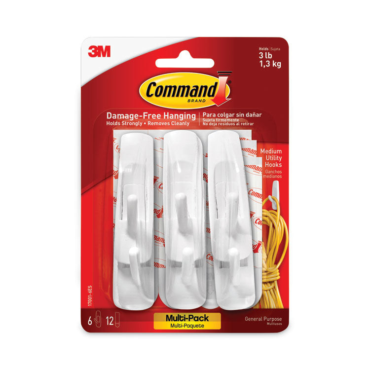 General Purpose Hooks Multi-Pack, Medium, Plastic, White, 3 lb Capacity, 6 Hooks and 12 Strips/Pack