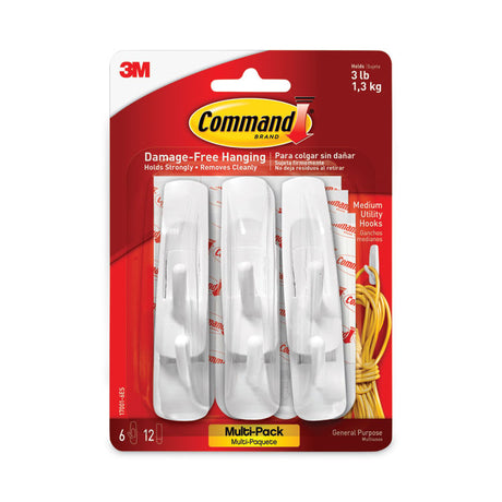 General Purpose Hooks Multi-Pack, Medium, Plastic, White, 3 lb Capacity, 6 Hooks and 12 Strips/Pack