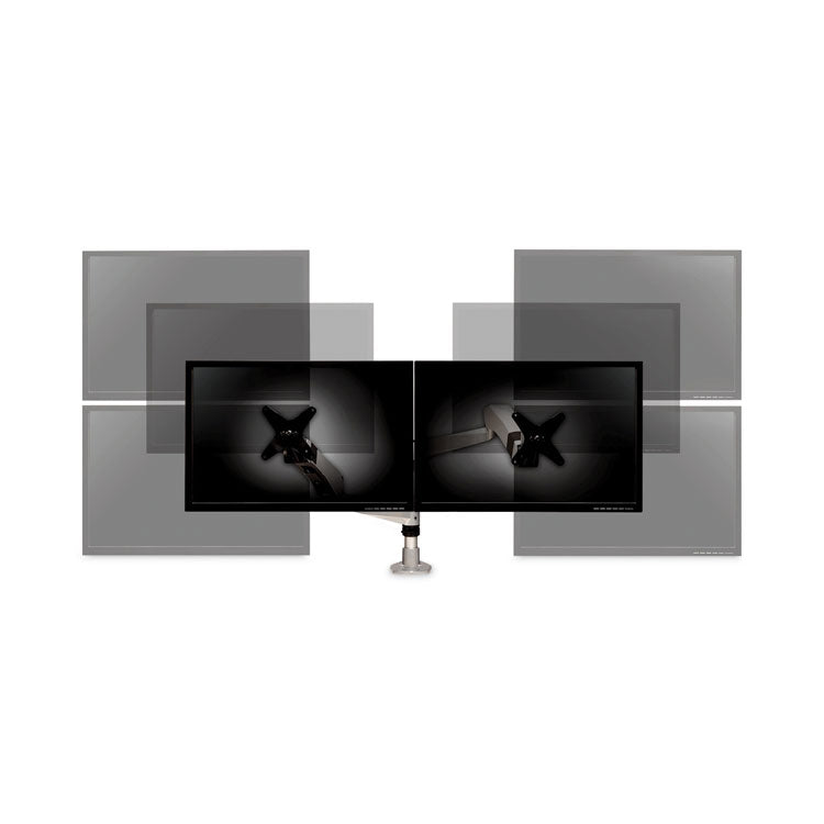 Easy-Adjust Desk Dual Arm Mount for 27  Monitors, 360 deg Rotation, +90/-15 deg Tilt, 360 deg Pan, Silver, Supports 20 lb