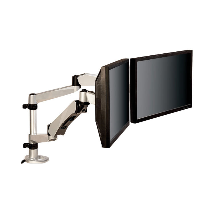 Easy-Adjust Desk Dual Arm Mount for 27  Monitors, 360 deg Rotation, +90/-15 deg Tilt, 360 deg Pan, Silver, Supports 20 lb