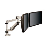 Easy-Adjust Desk Dual Arm Mount for 27  Monitors, 360 deg Rotation, +90/-15 deg Tilt, 360 deg Pan, Silver, Supports 20 lb