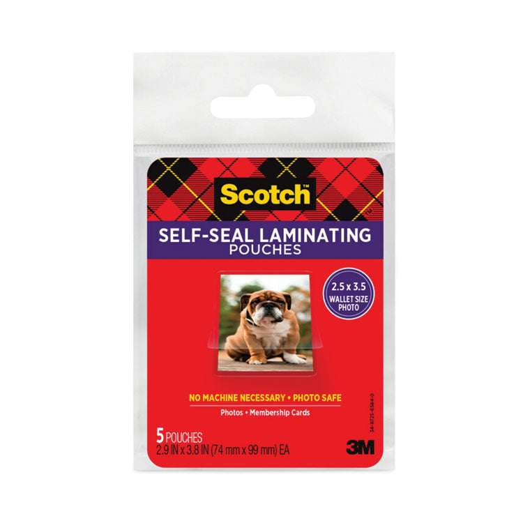 Self-Sealing Laminating Pouches, 9.5 mil, 2.81" x 3.75", Gloss Clear, 5/Pack