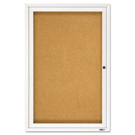 Enclosed Indoor Cork Bulletin Board with One Hinged Door, 24 x 36, Tan Surface, Silver Aluminum Frame